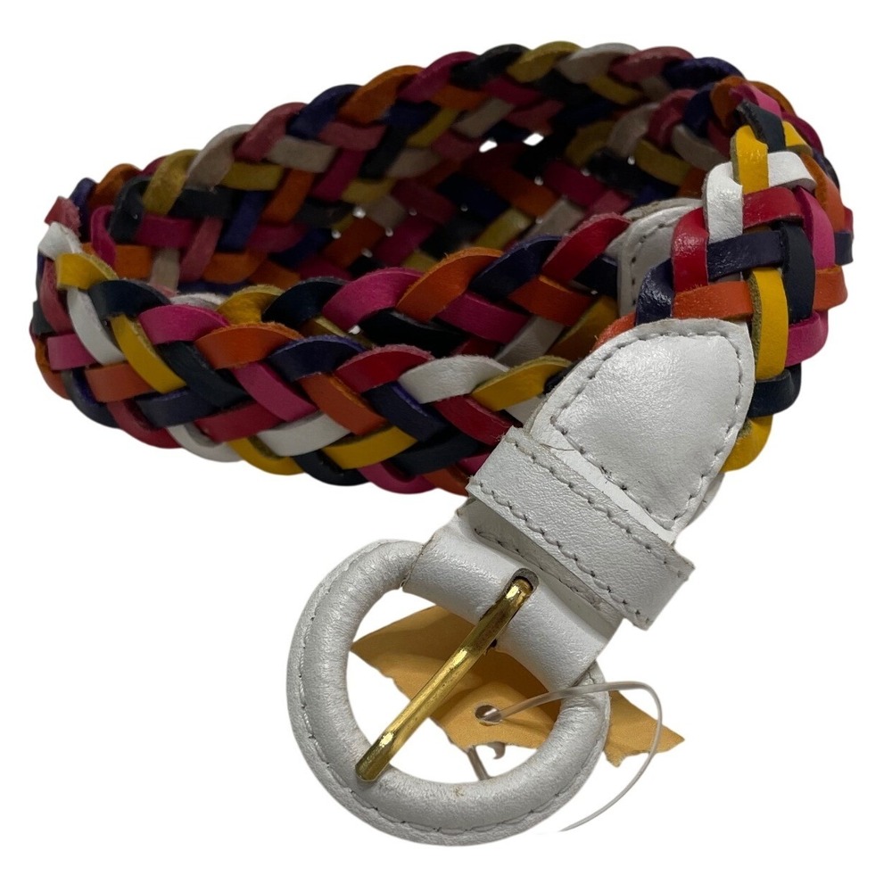 Womens Rainbow Multi Color Braided Leather Belt White Woven Size S M Boho Bold